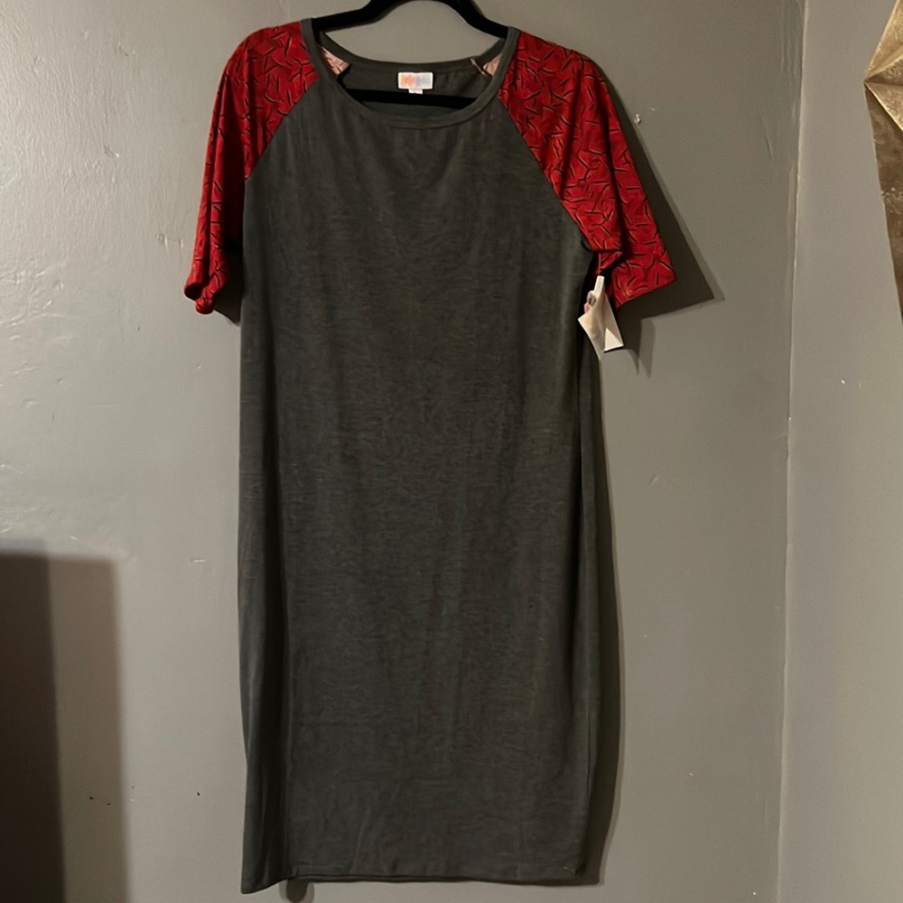 NWT Lularoe Julia dress Sz L in grey with deep red printed sleeves.
